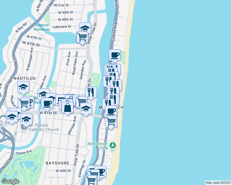 map of restaurants, bars, coffee shops, grocery stores, and more near 4370 Collins Avenue in Miami Beach