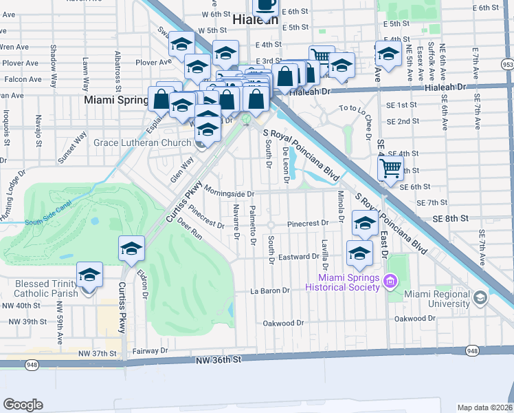 map of restaurants, bars, coffee shops, grocery stores, and more near 222 Palmetto Drive in Miami Springs