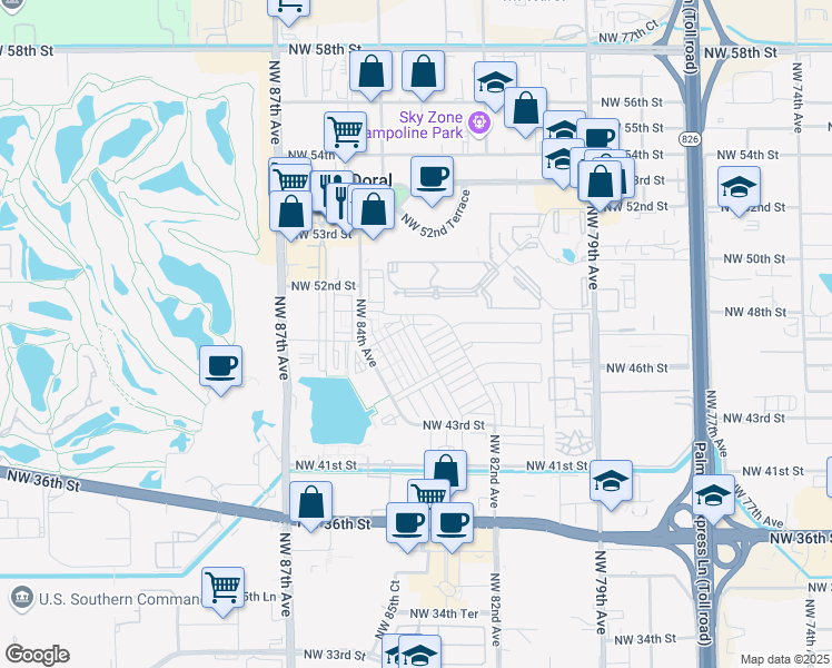 map of restaurants, bars, coffee shops, grocery stores, and more near 4834 Northwest 83rd Avenue in Doral