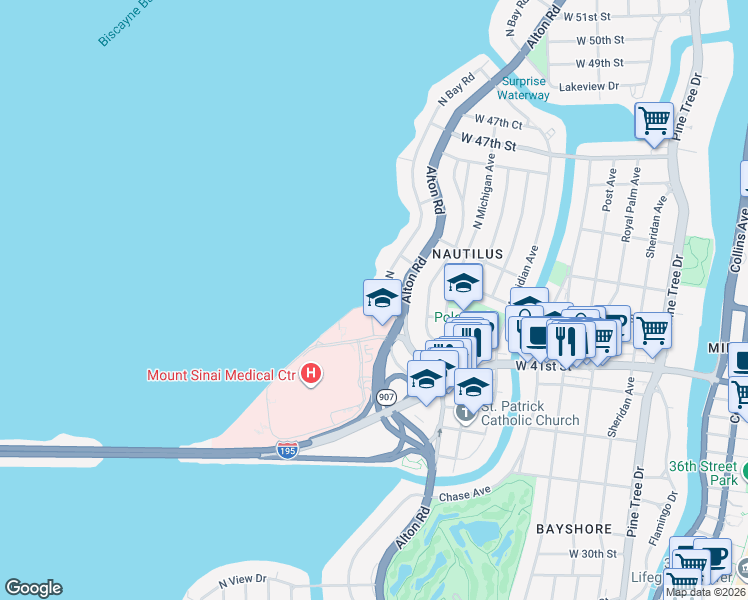 map of restaurants, bars, coffee shops, grocery stores, and more near 4330 North Bay Road in Miami Beach