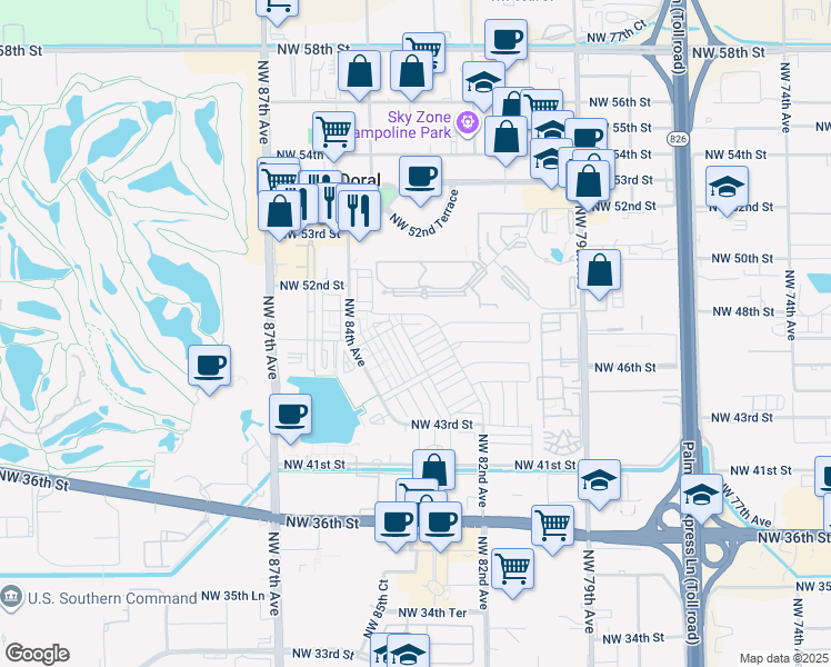 map of restaurants, bars, coffee shops, grocery stores, and more near 4834 Northwest 83rd Avenue in Doral