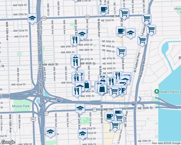 map of restaurants, bars, coffee shops, grocery stores, and more near in Miami