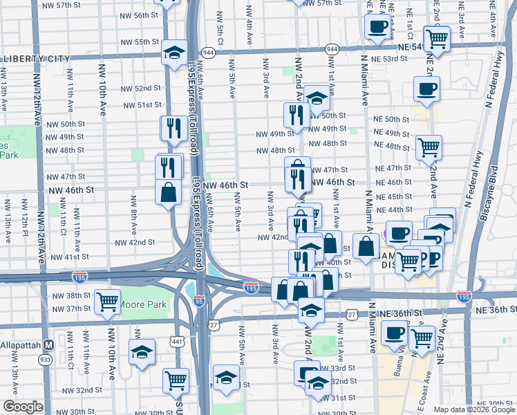 map of restaurants, bars, coffee shops, grocery stores, and more near 4412 Northwest 3rd Avenue in Miami