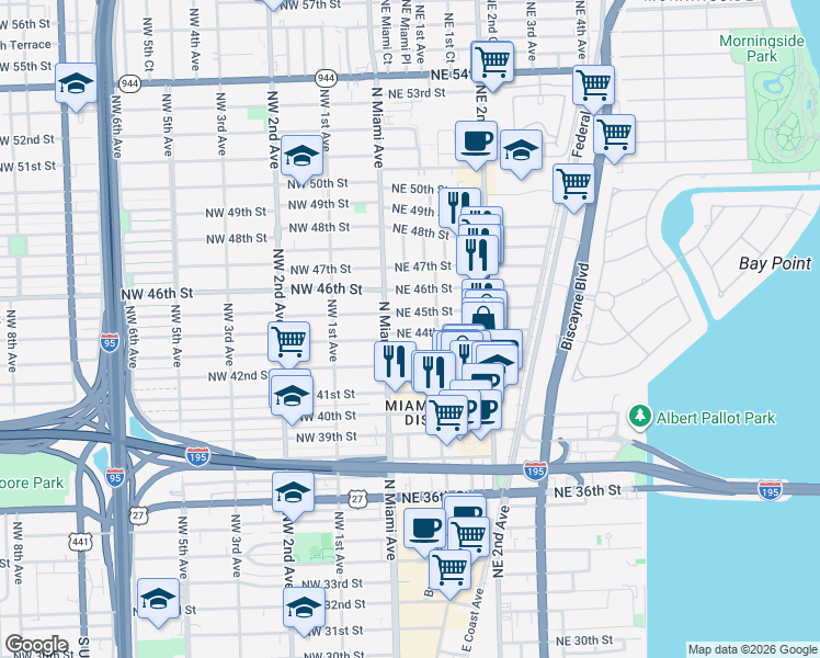 map of restaurants, bars, coffee shops, grocery stores, and more near 51 Northeast 44th Street in Miami