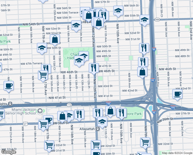map of restaurants, bars, coffee shops, grocery stores, and more near 4454 Northwest 11th Place in Miami