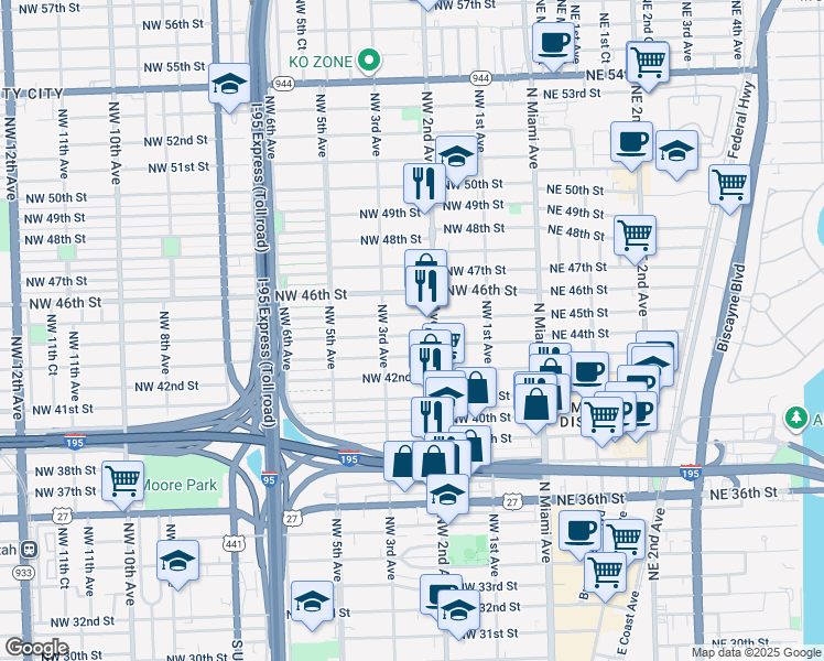 map of restaurants, bars, coffee shops, grocery stores, and more near 231 Northwest 44th Street in Miami