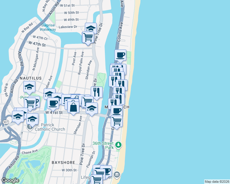 map of restaurants, bars, coffee shops, grocery stores, and more near 4370 Collins Avenue in Miami Beach