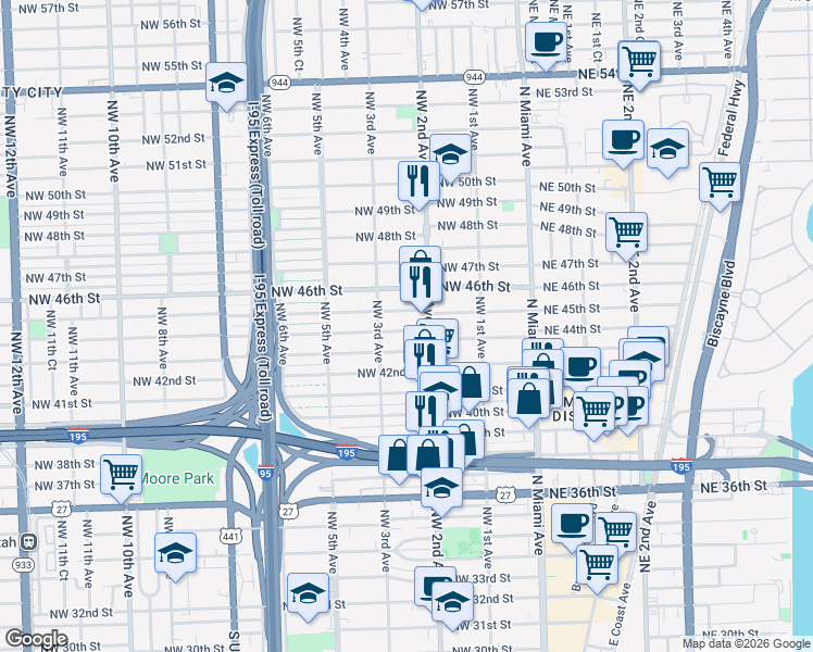 map of restaurants, bars, coffee shops, grocery stores, and more near 231 Northwest 44th Street in Miami