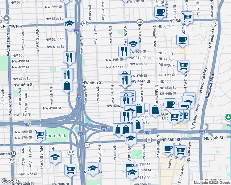 map of restaurants, bars, coffee shops, grocery stores, and more near 4412 Northwest 3rd Avenue in Miami