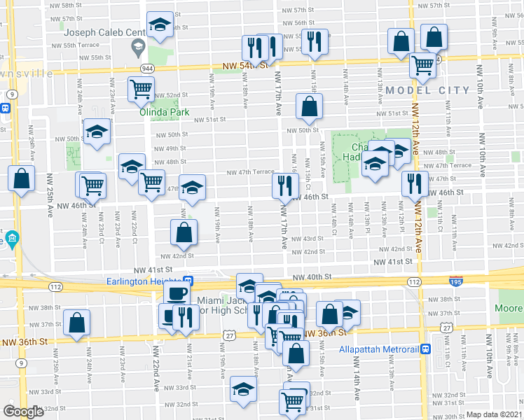 map of restaurants, bars, coffee shops, grocery stores, and more near 1791 Northwest 45th Street in Miami