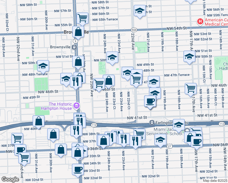 map of restaurants, bars, coffee shops, grocery stores, and more near 4590 Northwest 23rd Court in Miami