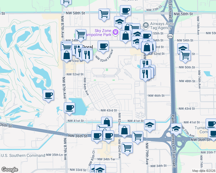 map of restaurants, bars, coffee shops, grocery stores, and more near 8192 Northwest 48th Terrace in Doral