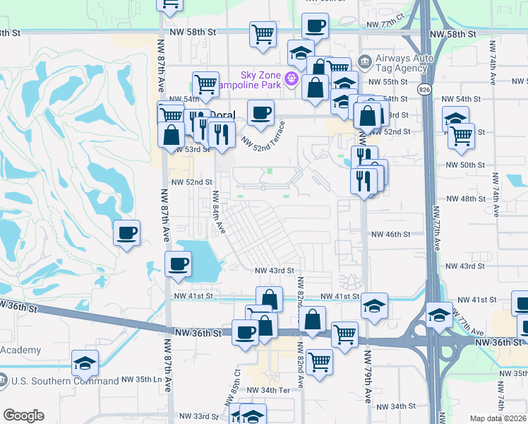map of restaurants, bars, coffee shops, grocery stores, and more near 8192 Northwest 48th Terrace in Doral