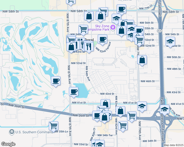 map of restaurants, bars, coffee shops, grocery stores, and more near 4946 Northwest 83rd Path in Doral