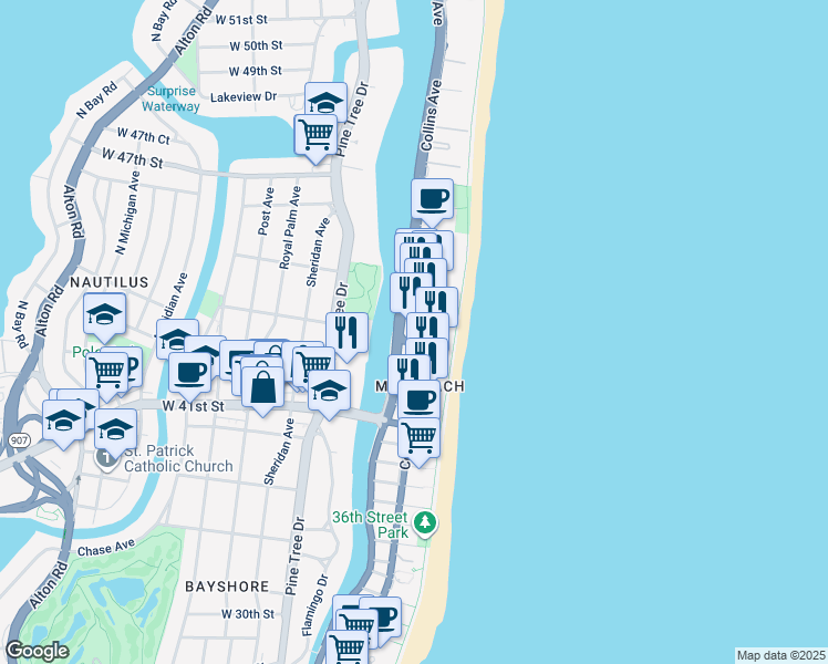 map of restaurants, bars, coffee shops, grocery stores, and more near 4370 Collins Avenue in Miami Beach
