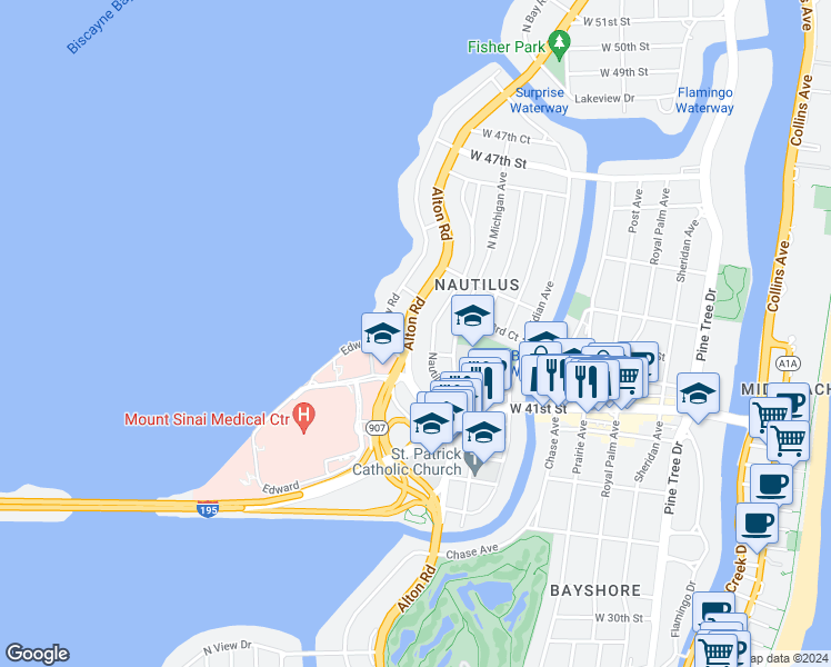map of restaurants, bars, coffee shops, grocery stores, and more near 4322 Alton Road in Miami Beach