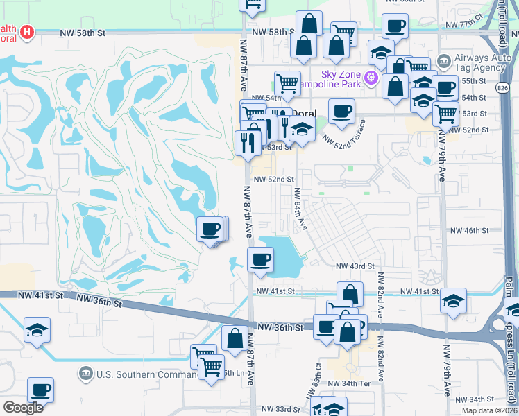 map of restaurants, bars, coffee shops, grocery stores, and more near 5252 Northwest 85th Avenue in Doral