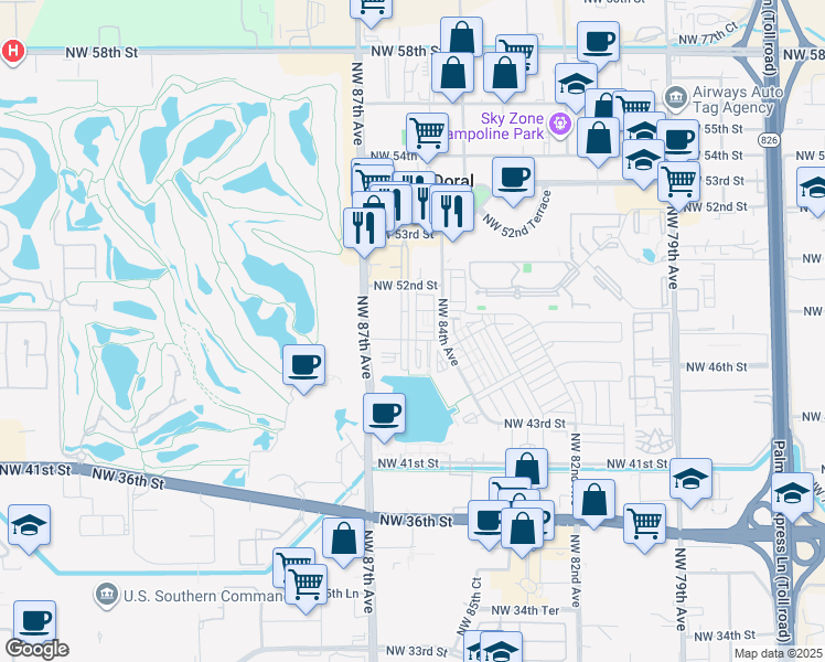 map of restaurants, bars, coffee shops, grocery stores, and more near 4761 Northwest 85th Avenue in Doral