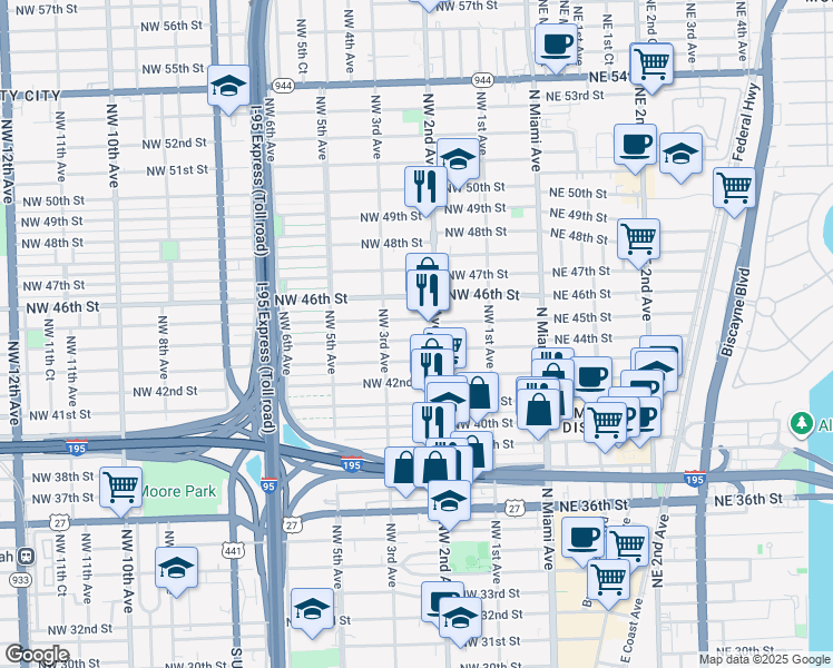 map of restaurants, bars, coffee shops, grocery stores, and more near 231 Northwest 44th Street in Miami