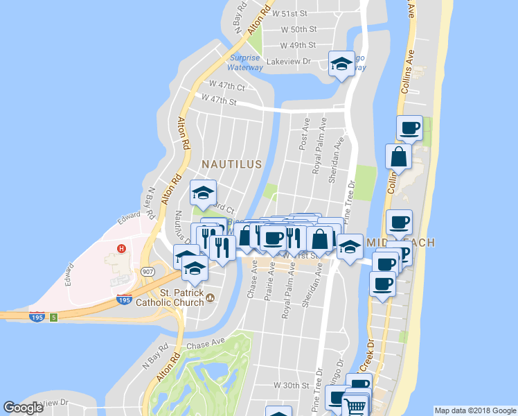 map of restaurants, bars, coffee shops, grocery stores, and more near 4244 Chase Avenue in Miami Beach