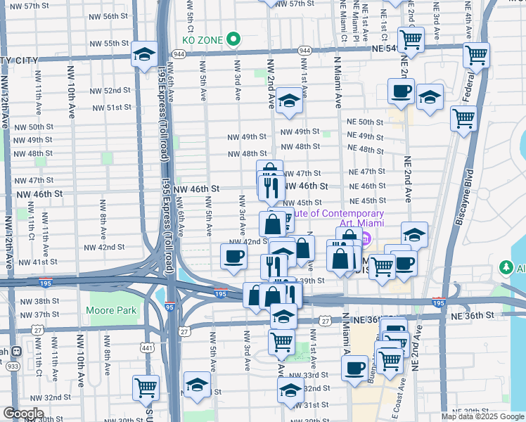 map of restaurants, bars, coffee shops, grocery stores, and more near 231 Northwest 44th Street in Miami