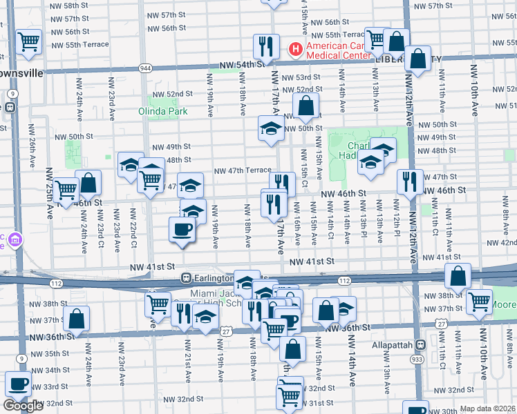 map of restaurants, bars, coffee shops, grocery stores, and more near 1791 Northwest 45th Street in Miami
