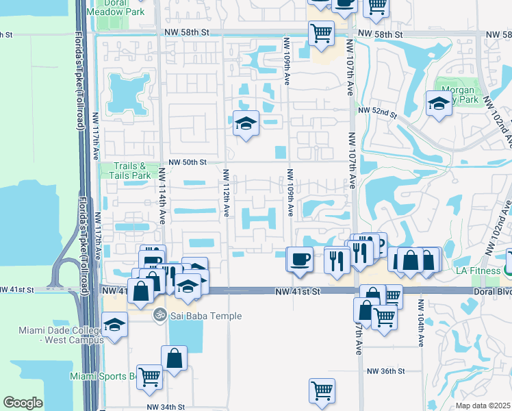 map of restaurants, bars, coffee shops, grocery stores, and more near 4721 Northwest 110th Court in Doral