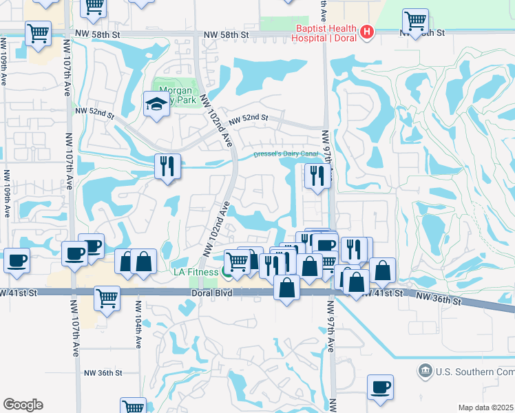 map of restaurants, bars, coffee shops, grocery stores, and more near 9924 Northwest 47th Terrace in Doral