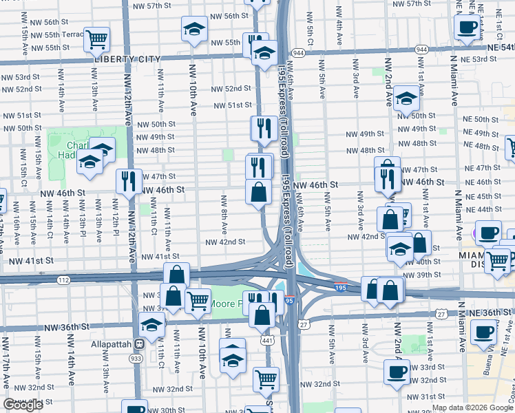 map of restaurants, bars, coffee shops, grocery stores, and more near 4420 Northwest 7th Avenue in Miami