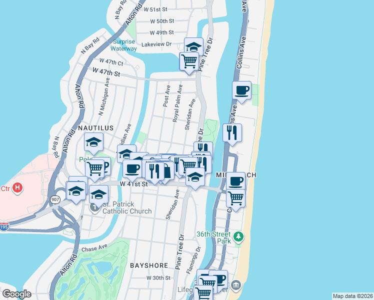 map of restaurants, bars, coffee shops, grocery stores, and more near 4349 Sheridan Avenue in Miami Beach