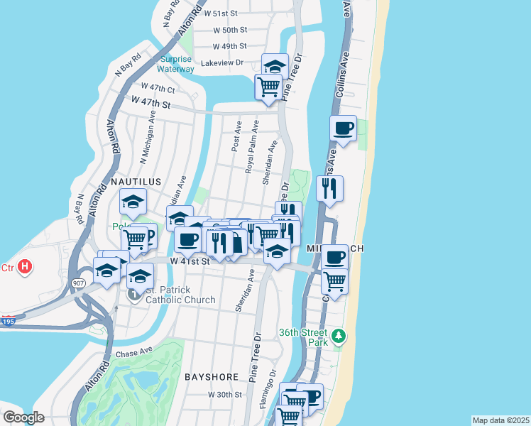 map of restaurants, bars, coffee shops, grocery stores, and more near 4349 Sheridan Avenue in Miami Beach