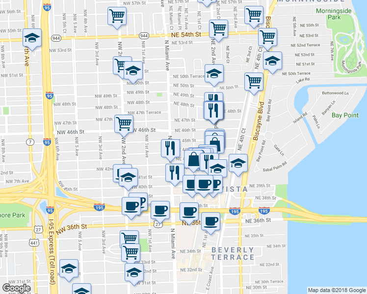 map of restaurants, bars, coffee shops, grocery stores, and more near 51 Northeast 44th Street in Miami