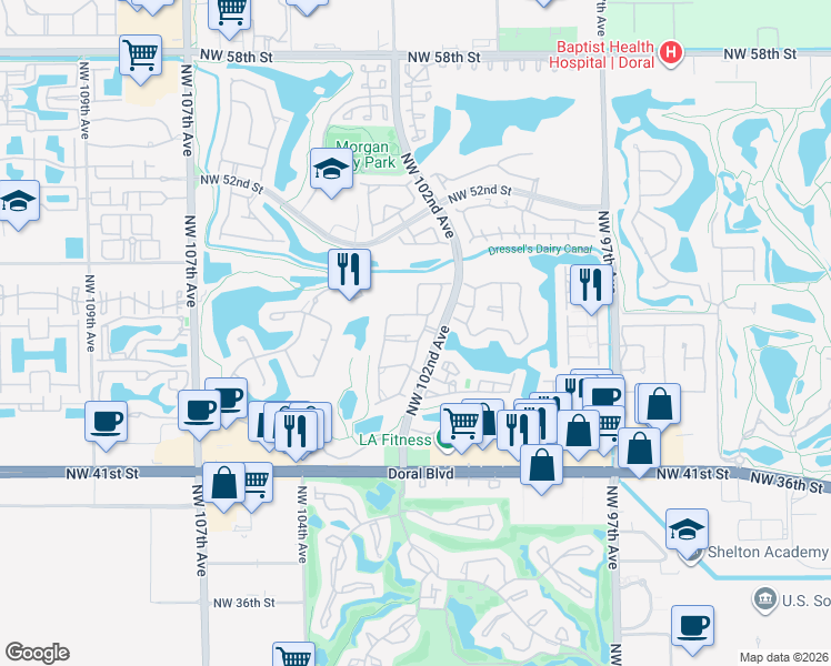 map of restaurants, bars, coffee shops, grocery stores, and more near 4710 Northwest 102nd Avenue in Doral