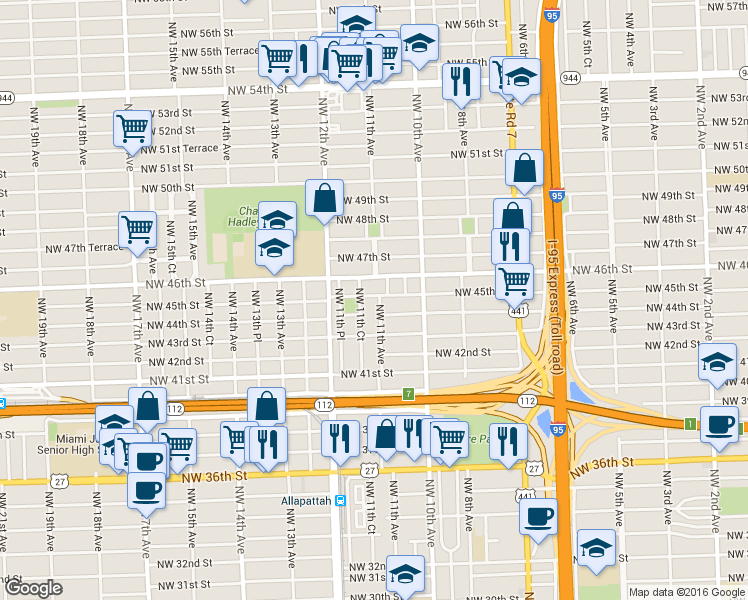 map of restaurants, bars, coffee shops, grocery stores, and more near 1100 Northwest 45th Street in Miami