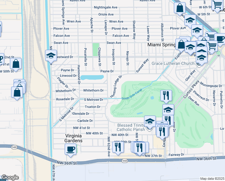 map of restaurants, bars, coffee shops, grocery stores, and more near 567 Hunting Lodge Drive in Miami Springs