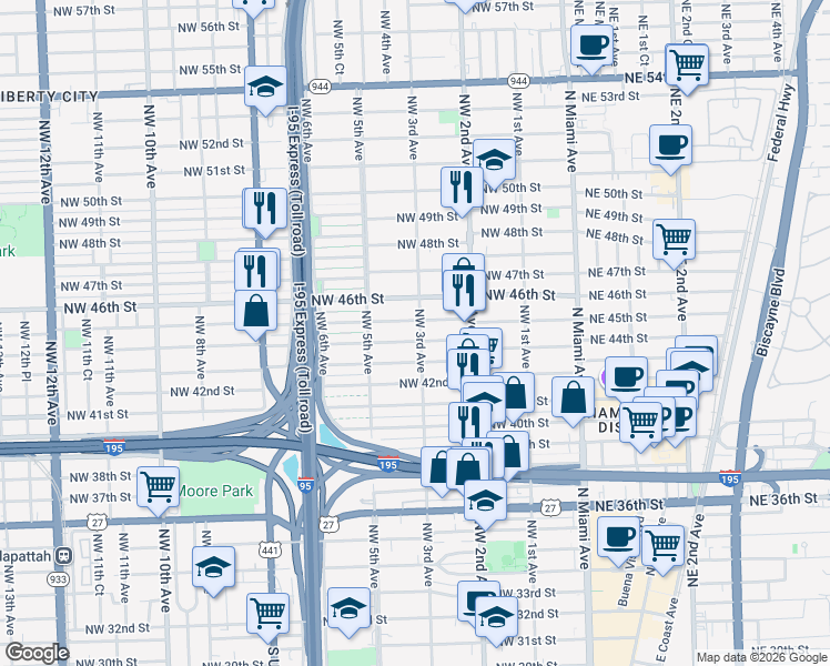 map of restaurants, bars, coffee shops, grocery stores, and more near 4412 Northwest 3rd Avenue in Miami