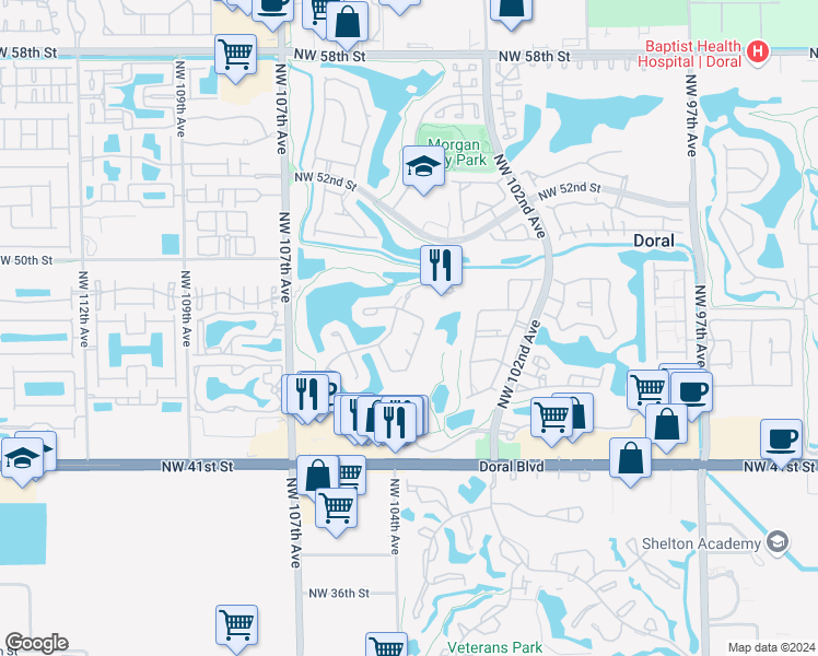 map of restaurants, bars, coffee shops, grocery stores, and more near 4788 Northwest 103rd Court in Doral