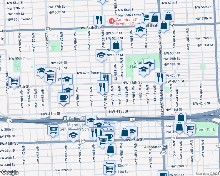 map of restaurants, bars, coffee shops, grocery stores, and more near 4515 Northwest 16th Avenue in Miami