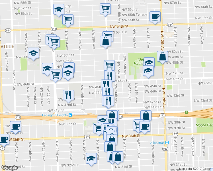map of restaurants, bars, coffee shops, grocery stores, and more near 4500 Northwest 17th Avenue in Miami