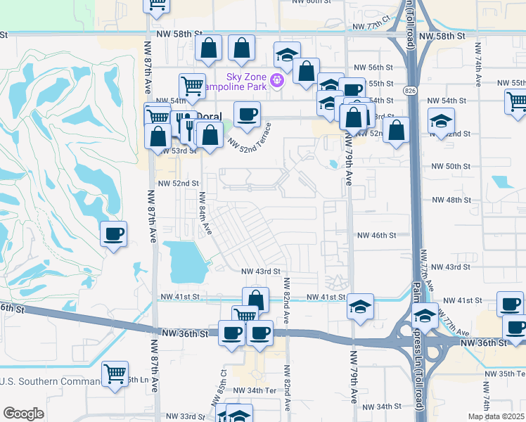 map of restaurants, bars, coffee shops, grocery stores, and more near 8192 Northwest 48th Terrace in Doral