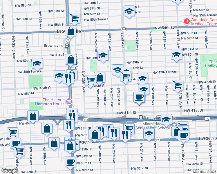 map of restaurants, bars, coffee shops, grocery stores, and more near 4590 NW 23rd Ct in Miami