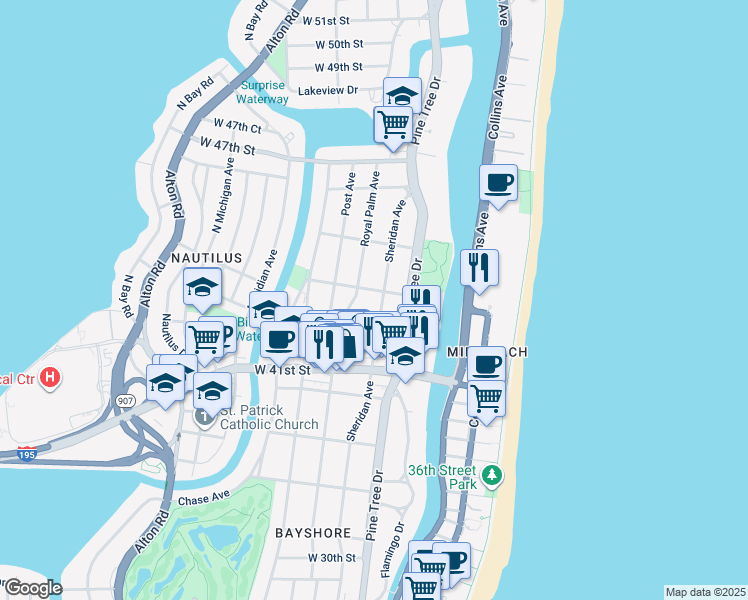 map of restaurants, bars, coffee shops, grocery stores, and more near 4349 Sheridan Avenue in Miami Beach