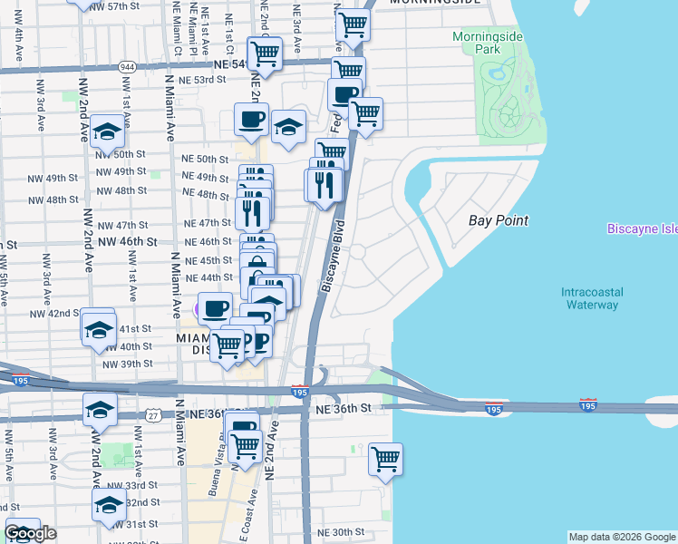 map of restaurants, bars, coffee shops, grocery stores, and more near 19 Federal Highway in Miami
