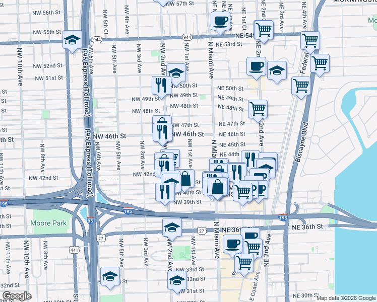 map of restaurants, bars, coffee shops, grocery stores, and more near in Miami