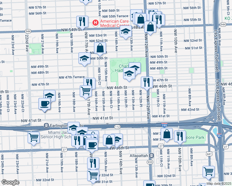 map of restaurants, bars, coffee shops, grocery stores, and more near 1391 Northwest 45th Street in Miami