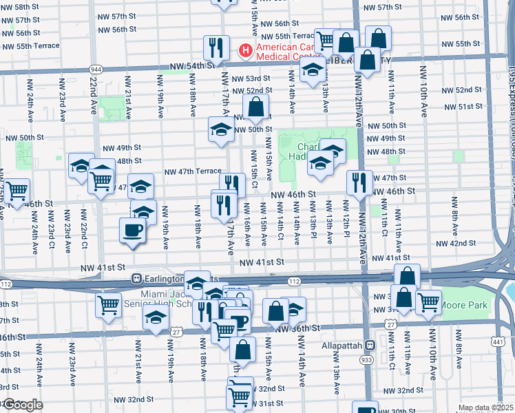 map of restaurants, bars, coffee shops, grocery stores, and more near 4515 Northwest 16th Avenue in Miami