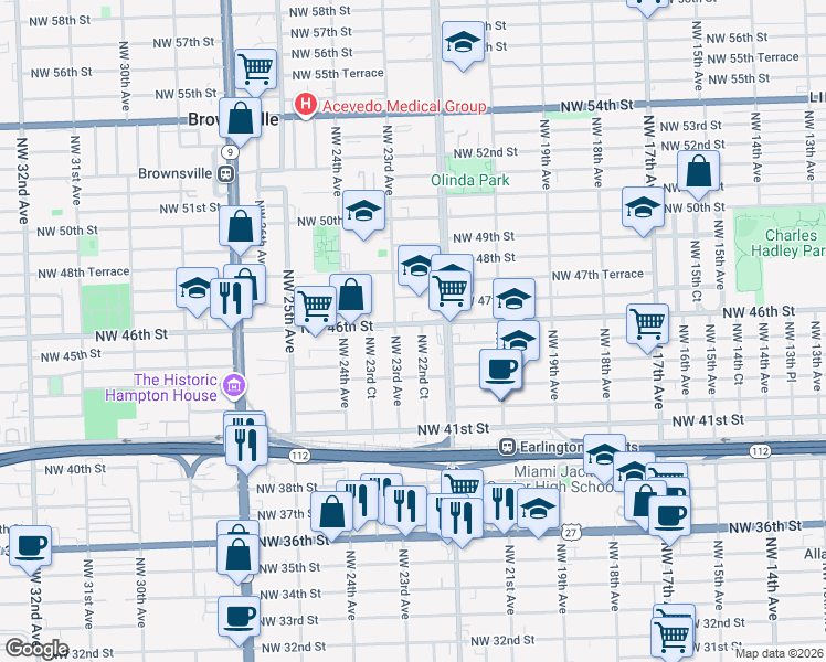 map of restaurants, bars, coffee shops, grocery stores, and more near 4590 Northwest 22nd Court in Miami