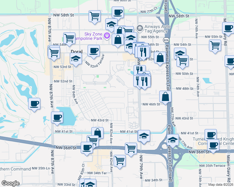 map of restaurants, bars, coffee shops, grocery stores, and more near 8079 Northwest 48th Terrace in Doral