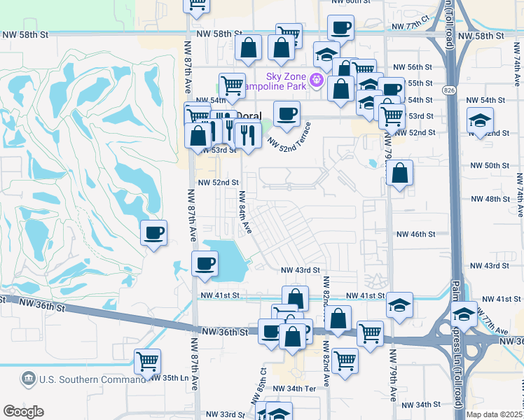 map of restaurants, bars, coffee shops, grocery stores, and more near 4946 Northwest 83rd Path in Doral