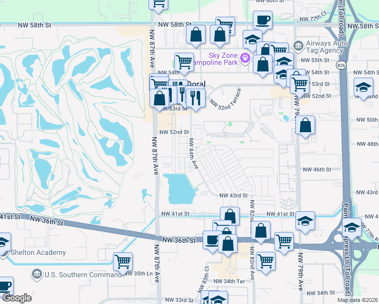 map of restaurants, bars, coffee shops, grocery stores, and more near 4946 Northwest 83rd Path in Doral